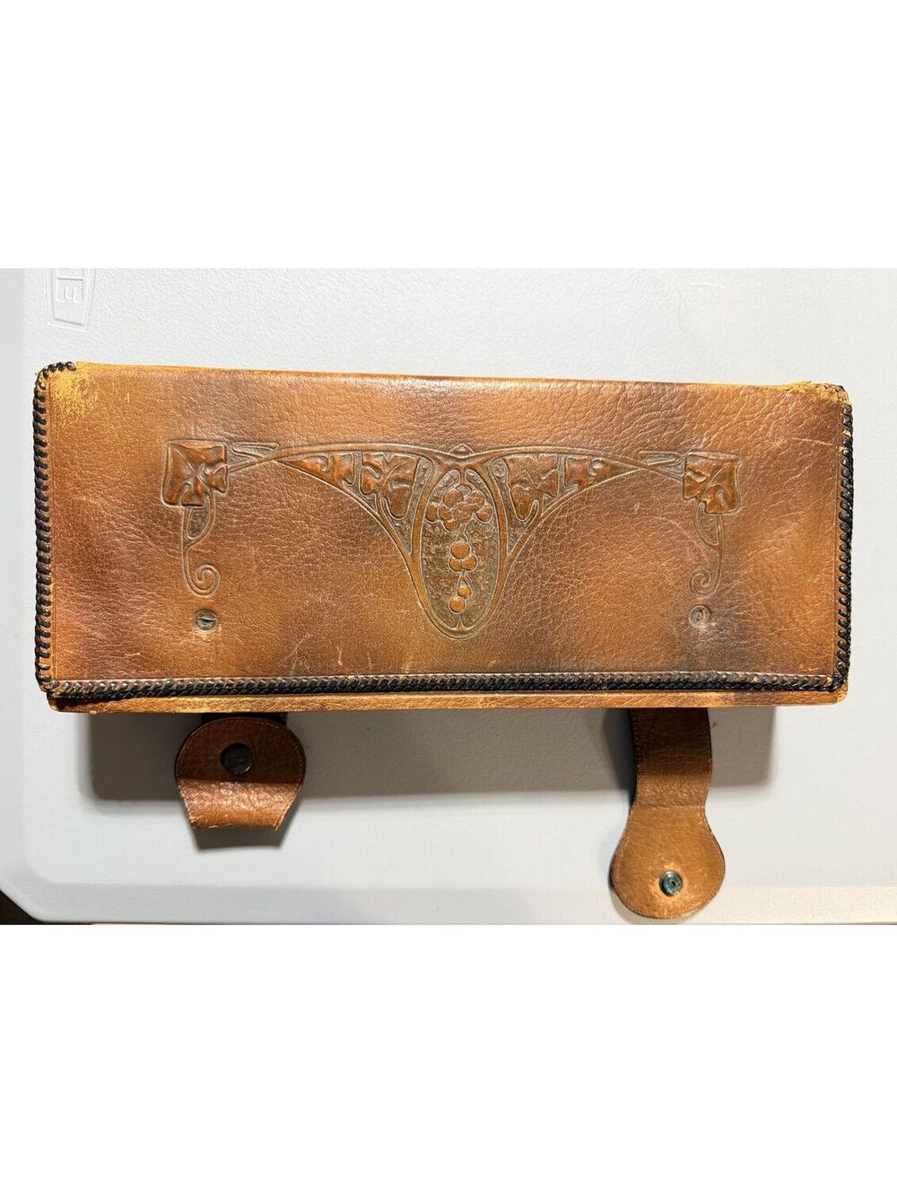 Vintage Tooled Leather Drafting Math Instrument Case Box Western Floral Embossed
